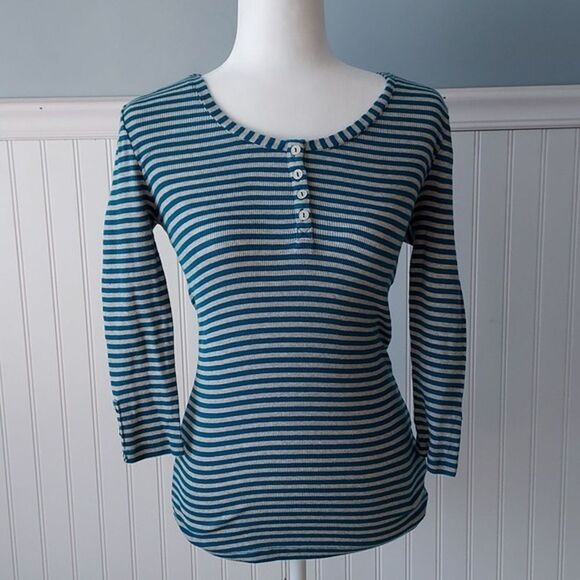G By Guess‎ Women's Med Waffle Weave Henley Jersey Stripe Teal Tan 3/4 Sleeve - Picture 1 of 7